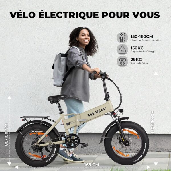 VARUN Velo Electrique, 20"*4.0" Fat Tire Vélo Électrique Pliable avec 48V13Ah Batterie Amovible, Jusqu'à 100KM, 250W Moteur, Velo Eletrique Homme Femme avec 7 Vitesses, E-Bike avec Pédalage Assisté – Image 4